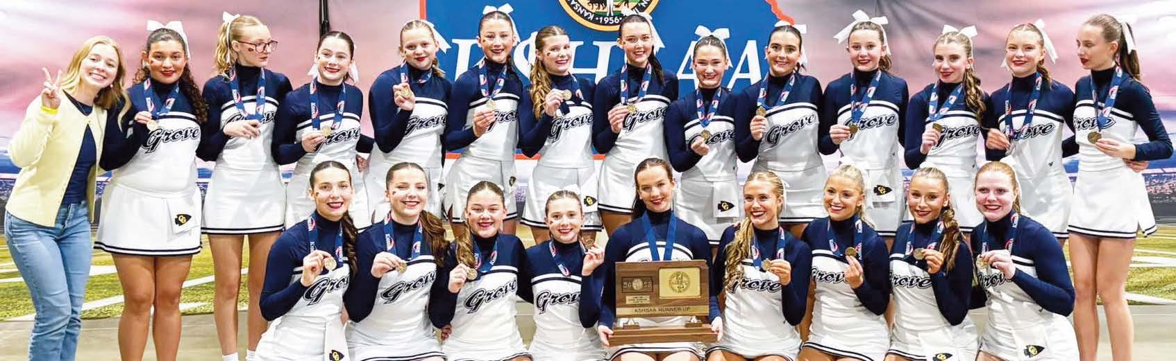 2025 3A KSHSAA CHEER RUNNER UPS - (left to right) back row: Coach Keeley Reddick, Emily Linares, Grace French, Capri Gant, Betsy Doornbos, Lexi Todd, Savannah Stewart, Peytyn Eslinger, Neenah Hestermann, Lucy Palmquist, Aubrey McEuen, Claudia Simecka, Riley Forge and Quinley Sowers; front row: Giada Plummer, Addison Craige, Kierra Elstun, Breckyn McEuen, Brooklynn Wangerin, Laine Johnson, Marlee Gant, Macelyn Taylor and Makenzie Grant.