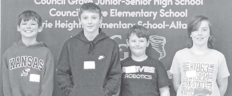 TOP CGES SPELLER -- Sixth grader Hudson Hartman (left) was the Council Grove Elementary School champion speller when the school spelling bee was held Wednesday. Winners pictured are (L to R): Hartman, first place; Kasten Elsen, second place, Chance Hastings, third place, and Elmer Yoder, fourth/alternate.