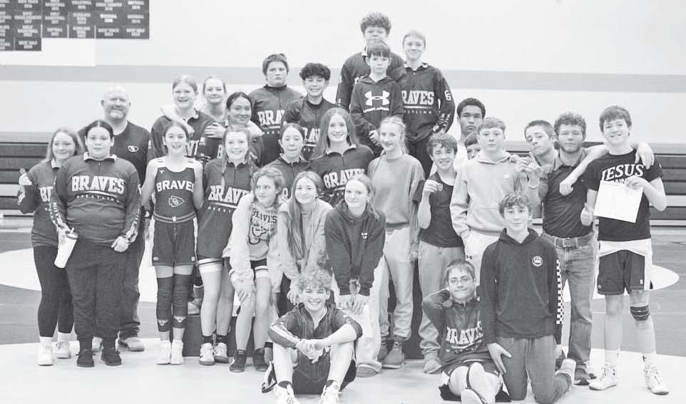 LEAGUE CHAMPIONS -- The Council Grove Junior High wrestlers earned their fifth consecutive league title Tuesday night. Pictured are: back row (L to R) - Coach Dustin SanRomani, Madison Kopf, Brinley Ink, Lupita Gonzalez, Kyle Dean, David Mascote, Dominic Craig (under armour) Jeremiah Watson (at the top), Kolt Johnson, Kamdon Young, Hudson Hartman (hiding) Wyatt Hutchinson, middle - Azlynn Adams, Gabby Beck, Samantha McDonald, Alaynna Craige, Maddison Kepley, Declan SanRomani, Andi Harbough, Marshal Walburn,