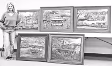 DONATES PAINTINGS -- Local artist Alison Johnson is pictured with five paintings she created that will be featured at the Old School Car Show. She has donated the paintings to the Old School for permanent display.