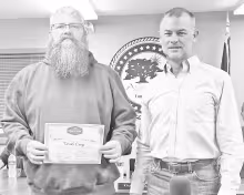 Mayor Ryan McDonald (right), on behalf of the City of Council Grove and the Council Grove City Council, honored Derrick Craige for his 30 years of exemplary service with the city. Employed at the Water Department, Craige is the Utilities Superintendent fo
