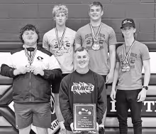 STATE CHAMPS -- Coach Matt Wilkens (front row center) is pictured with the powerlifting team’s four state champions. The champs (l to r) are Gunner Gleason, Blaise French, Kayden Hewitt and Colton Elsen. (Photo by Kendra Elsen)