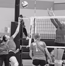 GOES UP FOR THE KILL -- Lady Braves senior volleyball player Willow Hutchinson goes up for one of her nine kills on the night. Willow was one of six seniors honored last night during “Senior Night” as the Lady Braves hosted Wabaunsee. (Photo by Brandy