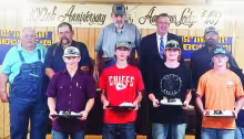 Honored Saturday night at the Americus Masonic Lodge for their heroic efforts during a multi-car crash and fire this spring were (l to r) front row: Leo Dedonder, Colton Rogers, Heath McCall and Wyatt Dobson. TJ Dean, also honored, was not present. Pictured in the back row are: Dale Curry, Jake Edmunds, Mike Petersen, Most Worshipful Grand Master David Hendricks and Levi Young.