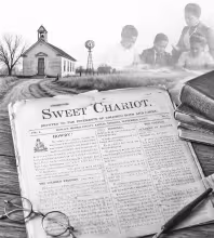 “This illustration blends elements of the 1887 “Sweet Chariot” newspaper with imagery representing daily life, education, and frontier conditions in Dunlap.”