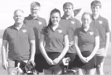 BULLDOGS GOLF — The 2025 Chase County Golf team launches its season next week. Pictured, back row, left to right, are Wyatt Edmunds (So), Reece Budke (Sr), Connor Herrick (Fr), front row: Coach Brian Budke, Piper Vogel (Sr), and Carys Price (Sr). Not pi