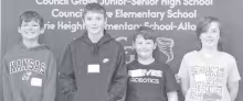 TOP CGES SPELLER -- Sixth grader Hudson Hartman (left) was the Council Grove Elementary School champion speller when the school spelling bee was held Wednesday. Winners pictured are (L to R): Hartman, first place; Kasten Elsen, second place, Chance Hastings, third place, and Elmer Yoder, fourth/alternate.