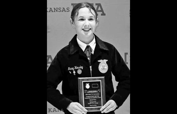 Macey Hensley has been named state runner-up in the State FFA Prepared Public Speaking Leadership Development Event. The honor is an impressive accomplishment for Hensley, who is a sophomore. She competed against three seniors in the finals and was among 