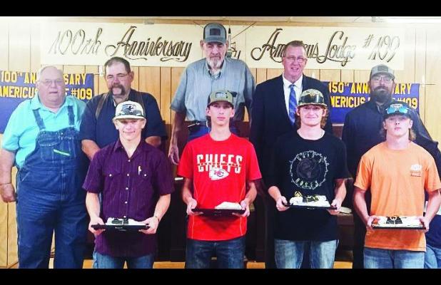 Honored Saturday night at the Americus Masonic Lodge for their heroic efforts during a multi-car crash and fire this spring were (l to r) front row: Leo Dedonder, Colton Rogers, Heath McCall and Wyatt Dobson. TJ Dean, also honored, was not present. Pictur