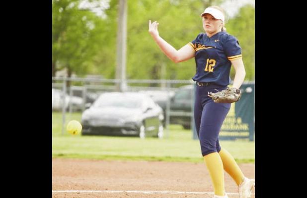 STRIKES OUT SEVEN -- Lady Braves junior Kaedyn Litke struck out seven and only allowed four hits in game one against Central Heights last night in home softball action. Council Grove would end up losing 2-0. (Photo by Amber Weeks)