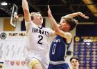 SCORES 13 POINTS -- Council Grove High School junior Luke Stewart goes up for two of his 13 points Monday night as the Braves defeat the West Franklin Falcons 53-39. (Photo by Amber Weeks)