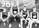 CHASE COUNTY BULLDOGS (l to r) Brock Griffin, Luke Budke, Wyatt Griffin and Tag Groh finishing 5th (3.28) in the 4 X 400 Sunflower Classic at the KU Relays last weekend. CHASE COUNTY BULLDOGS