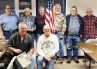 FORMER MEMBERS OF THE MILITARY HONORED -- Eight Former members of the military were honored with their 50th Anniversary of the Vietnam War pins by Colleen Anderson, Daughters of the American Revolution member, at the April Veterans Coffee. Pictred are - B FORMER MEMBERS OF THE MILITARY HONORED