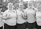 HOME JV INVITATIONAL GOLF CHAMPS -- The Lady Braves took first place Tuesday, at the Council Grove Junior Varsity Invitational Golf Tournament. Members of the winning team pictured are (L to R): Milo Nelson, Emily Teter, Desiree Bachura, Olivia Kennedy an