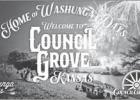 WELCOME TO COUNCIL GROVE -- The Council Grove City Council saw four samples of welcome signs that will be used at the entrances to the city. The graphics were similar but the backgrounds were different. One honored Council Grove as the Home of 25 Historic City Council Hears Marketing Stats, Approves Sethfest
