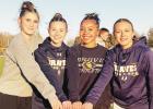 GOOD TEAMWORK . . . The Council Grove Girls 4 x 100 relay team placed 3rd at the Chapman meet yesterday. From left to right are Taegan Wilkens, Breckyn McEuen, Whitlyn Mullen and Alysia Werner.