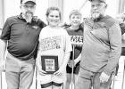PLACE AT STATE TOURNAMENT -- Local wrestlers placed at the USAWKS State Tournament in Topeka last weekend. Cecilia Monihen placed 3rd and Kasten Elsen placed 6th. The wrestlers are pictured here with their coaches Coach Andrew Steele (left) and Tom VanVal PLACE AT STATE TOURNAMENT