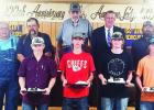 Honored Saturday night at the Americus Masonic Lodge for their heroic efforts during a multi-car crash and fire this spring were (l to r) front row: Leo Dedonder, Colton Rogers, Heath McCall and Wyatt Dobson. TJ Dean, also honored, was not present. Pictur