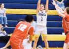 PICOLET FOR THREE -- Braves junior Jadyn Picolet goes for one of his triple three-pointers on the night as the Braves are defeated 68-38 by the Burlingame Bearcats at home last night. Jadyn finished with 11 points. (Photo by Amber Weeks)